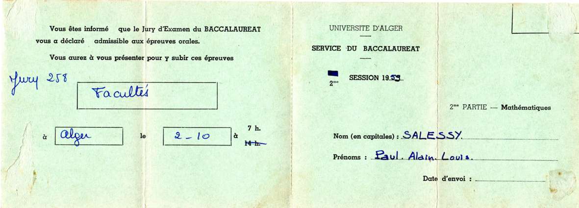 Convocation pour les épreuves orales du baccalauréat 1959 