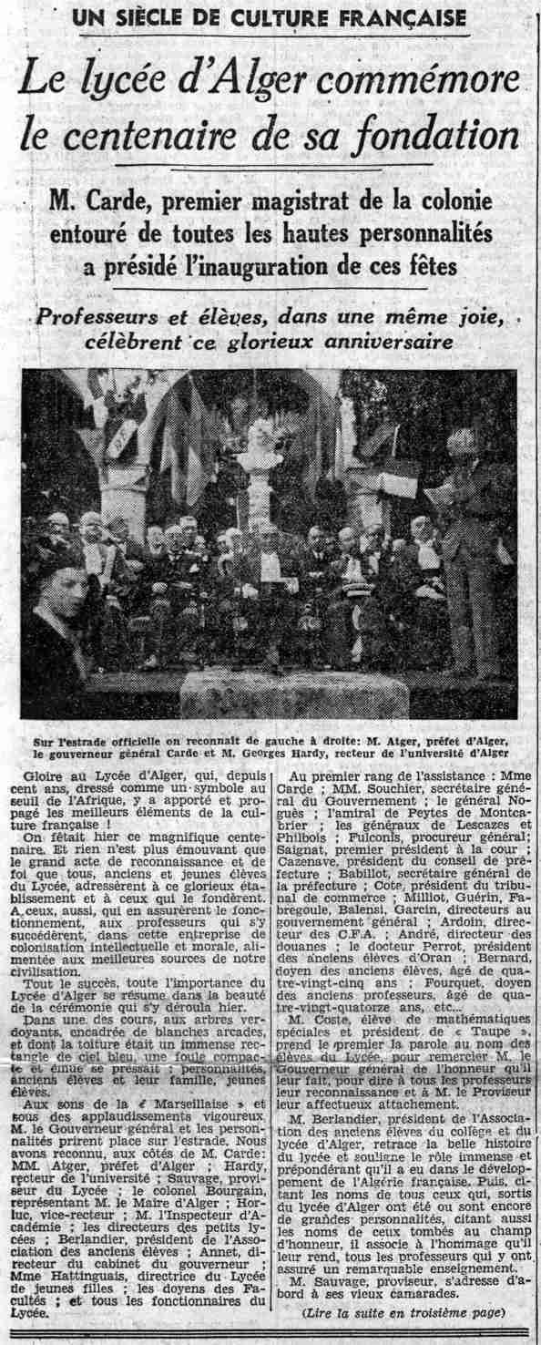 lycee bugeaud,commemoration du centenaire de sa fondation