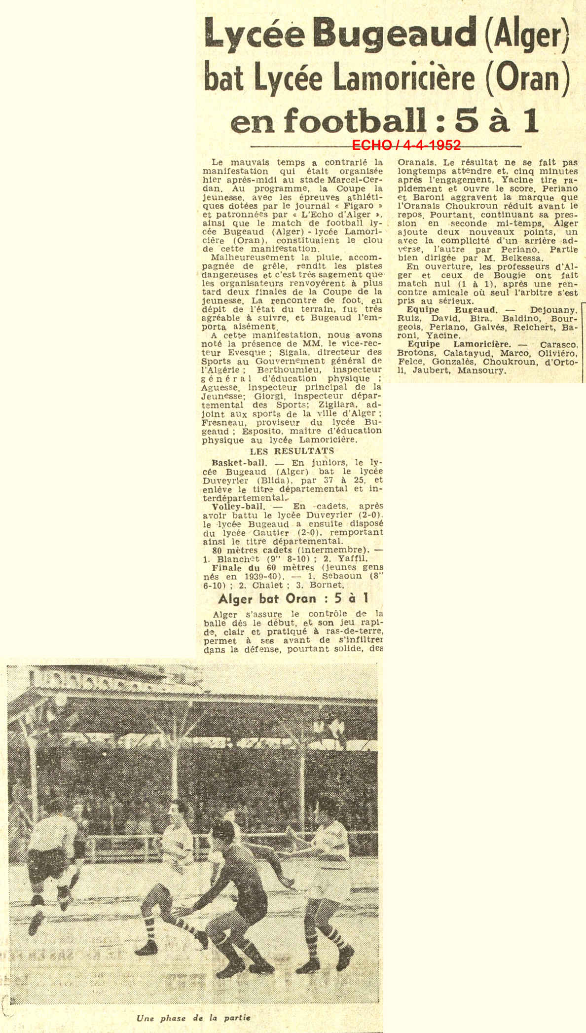 Lycée Bugeaud Alger bat Lycée Lamoricière Oran en football: 5 à 1 - 1952 