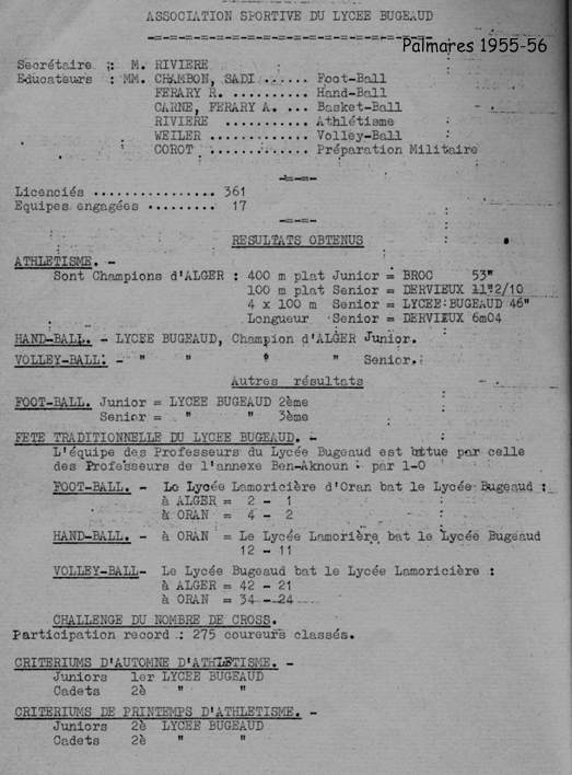 Résultats obtenus par les sportifs figurant dans le palmarès de la distribution des prix de1956-1957