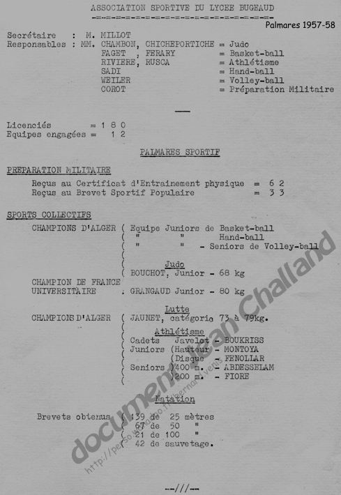 Résultats obtenus par les sportifs figurant dans le palmarès de la distribution des prix de1957-58